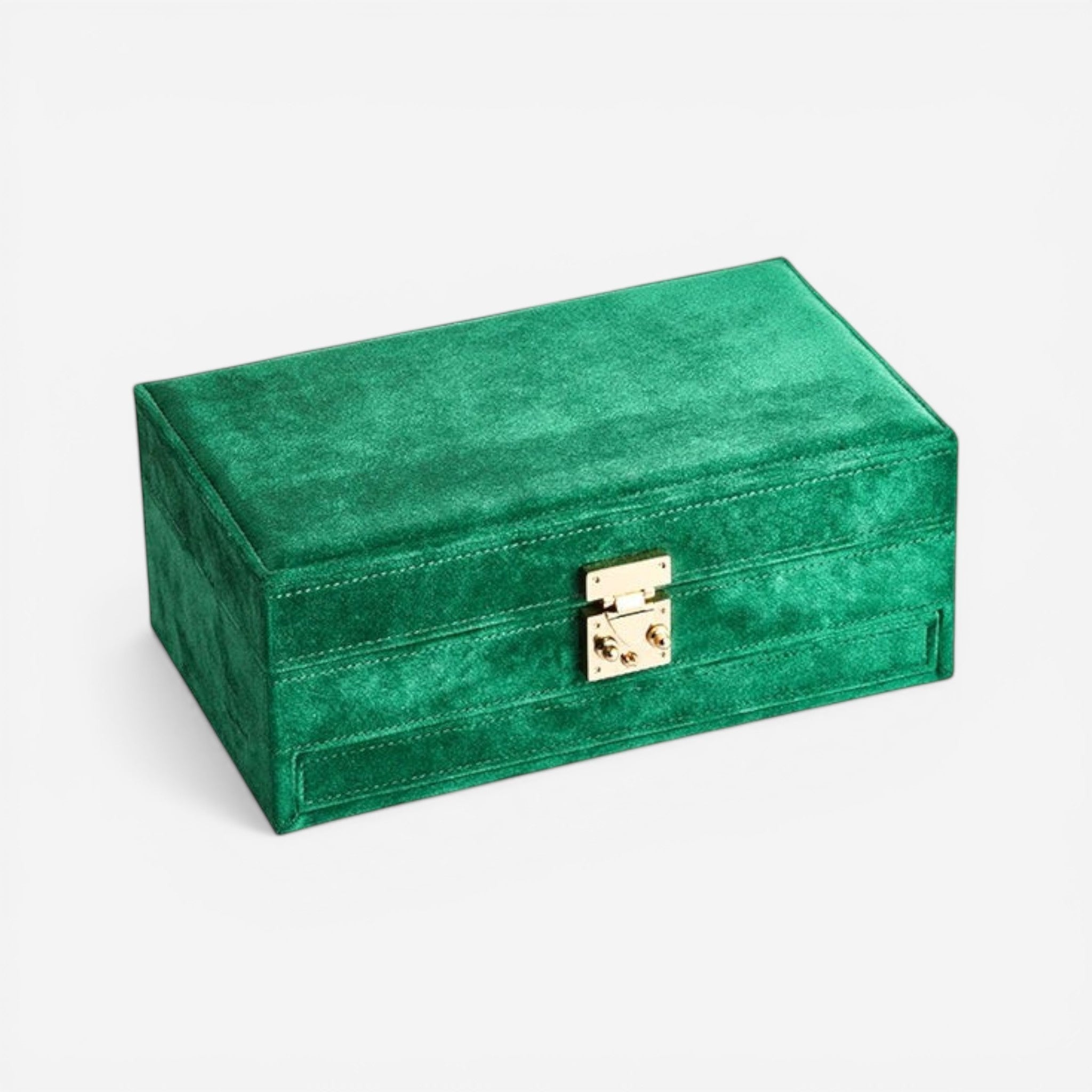 Boîte à bijoux en velours vert rectangulaire avec fermeture sécurisée et intérieur compartimenté.