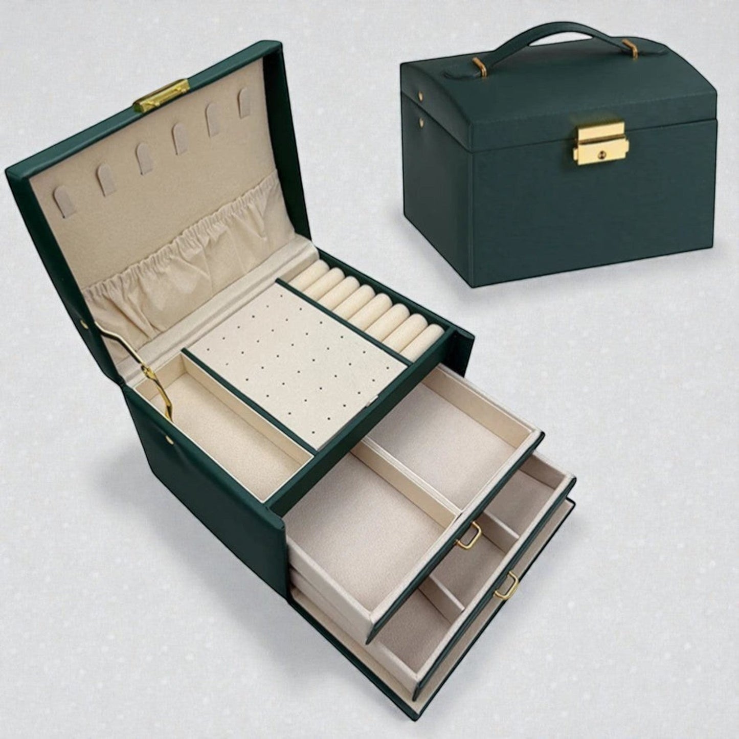 Boîte à bijoux verte avec intérieur compartimenté pour organiser les bijoux.