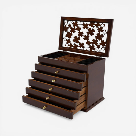 Grande boîte à bijoux vintage en bois à 6 niveaux avec tiroirs pour organiser colliers bagues et bracelets