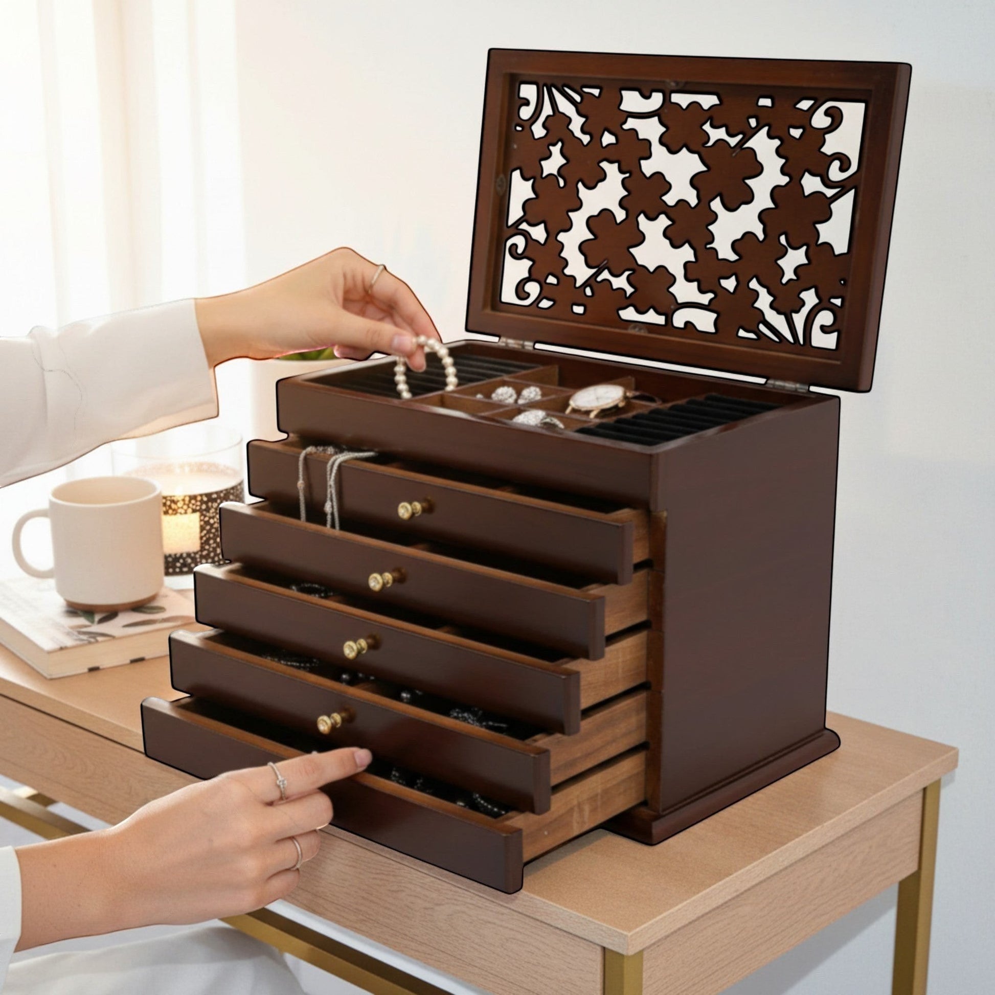 Boîte à bijoux vintage en bois avec intérieur en velours et 6 niveaux de rangement pour bijoux