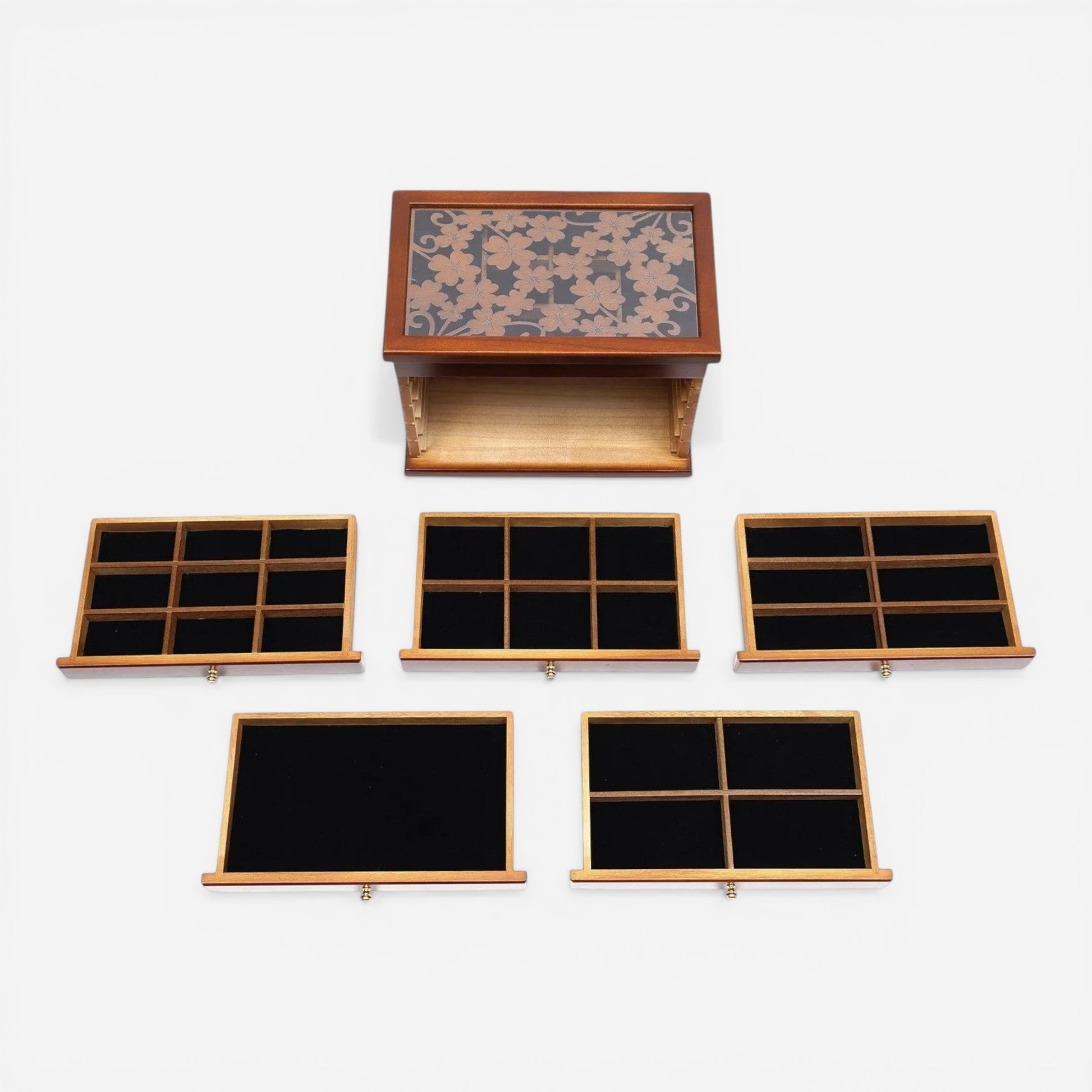 Grande boîte à bijoux vintage en bois avec tiroirs et compartiments pour organiser colliers bagues et montres