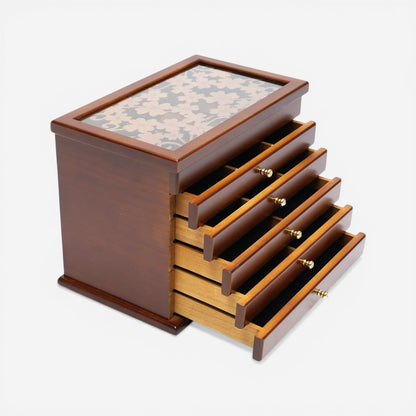 Boîte à bijoux vintage en bois avec plusieurs niveaux pour ranger bijoux et accessoires