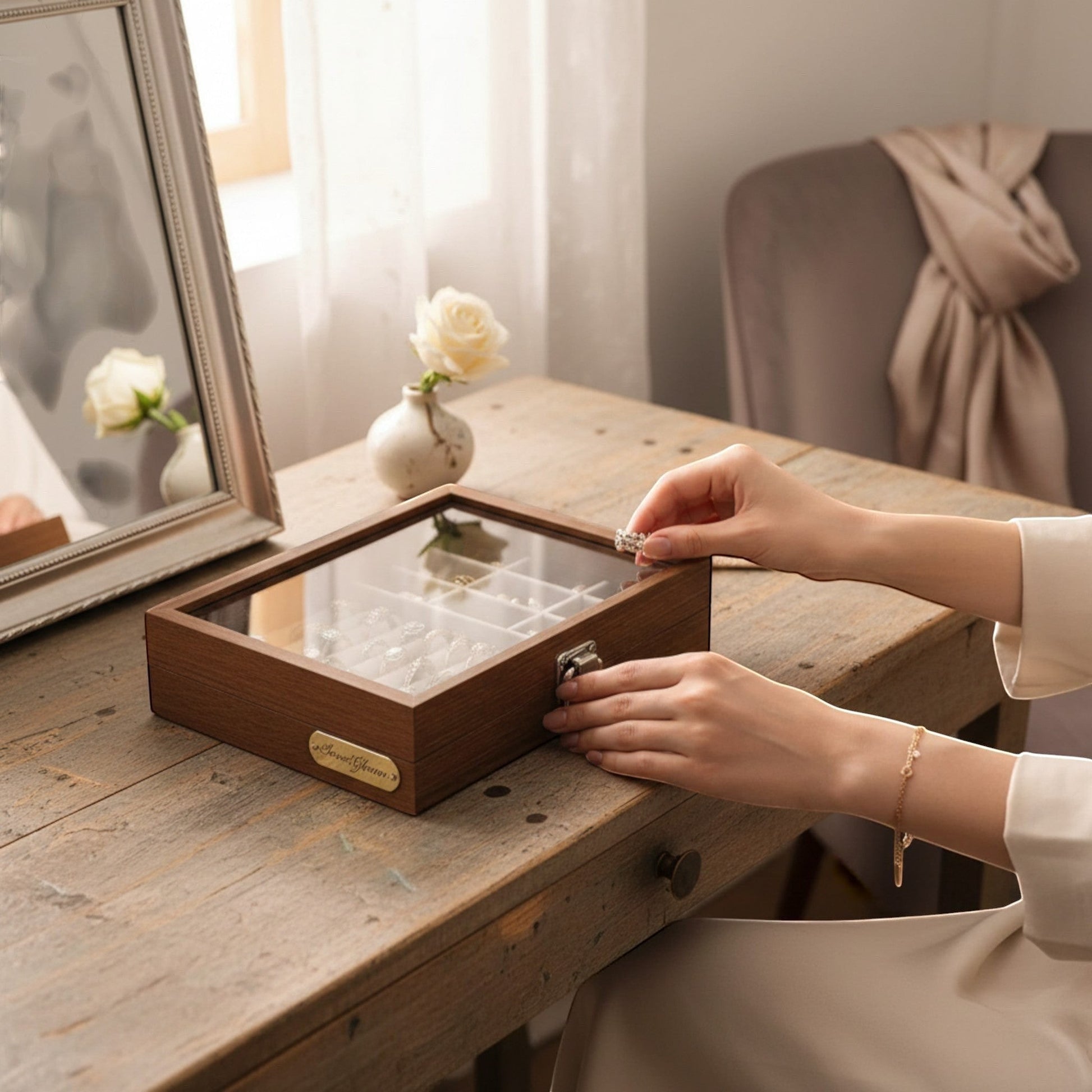 Boîte à bijoux vintage en bois avec couvercle en verre et compartiments pour bijoux