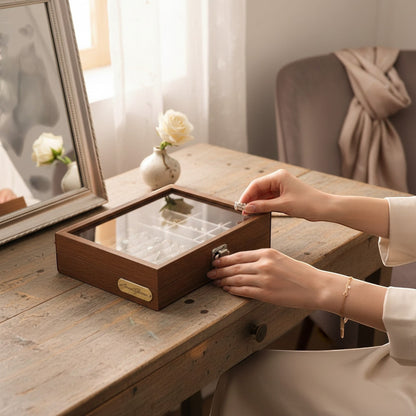 Boîte à bijoux vintage en bois avec couvercle en verre et compartiments pour bijoux