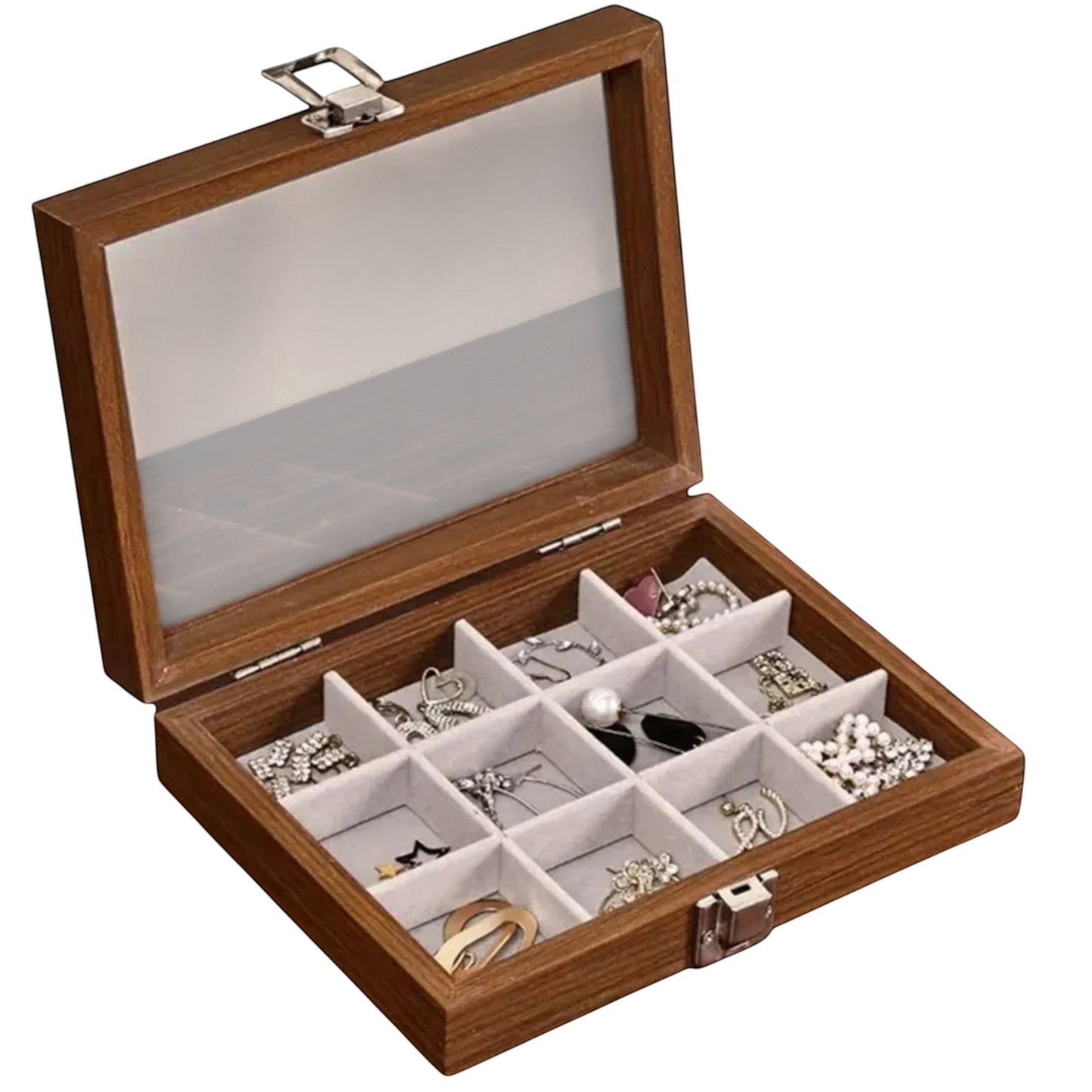 Boîte à bijoux vintage en bois avec plusieurs compartiments pour organiser bijoux