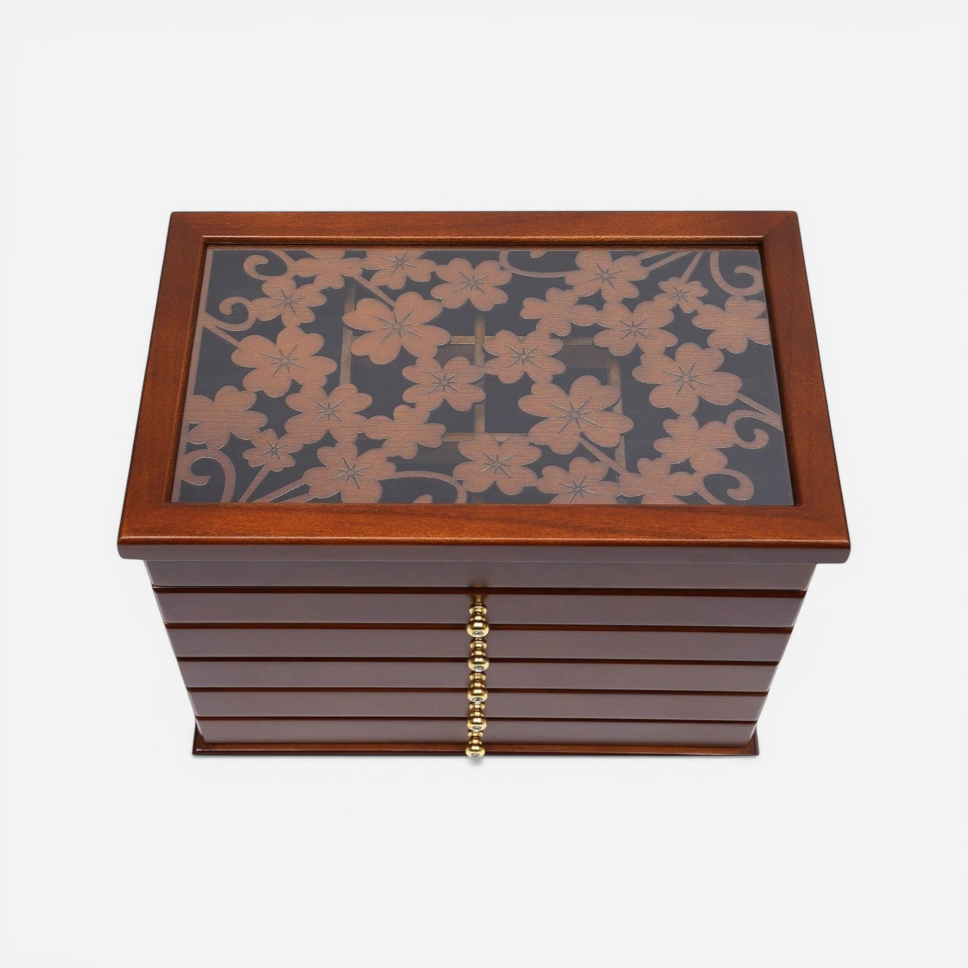 Boîte à bijoux vintage en bois avec motifs floraux et tiroirs doublés de velours pour un rangement élégant