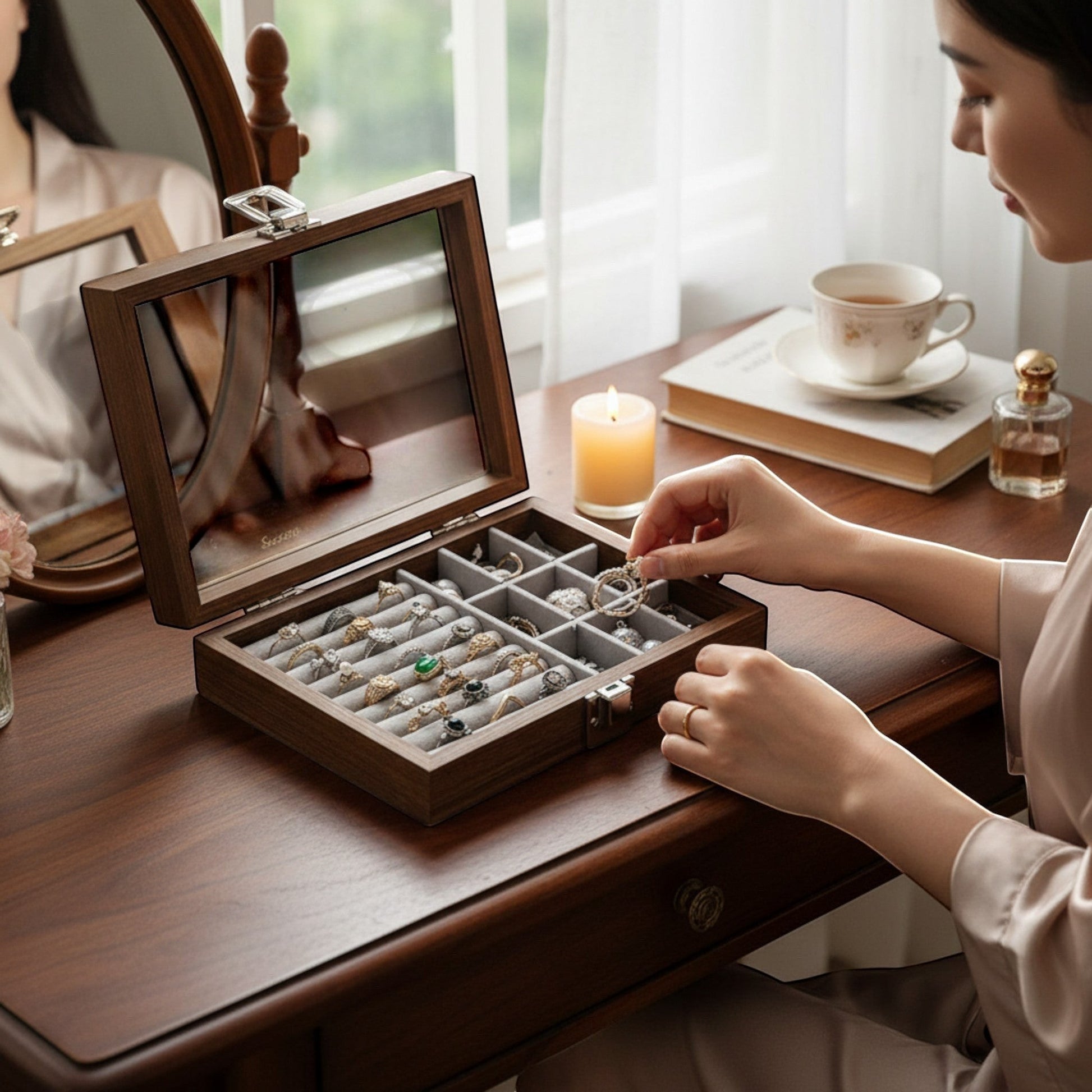 Boîte à bijoux vintage en bois avec couvercle en verre et compartiments pour organiser bijoux
