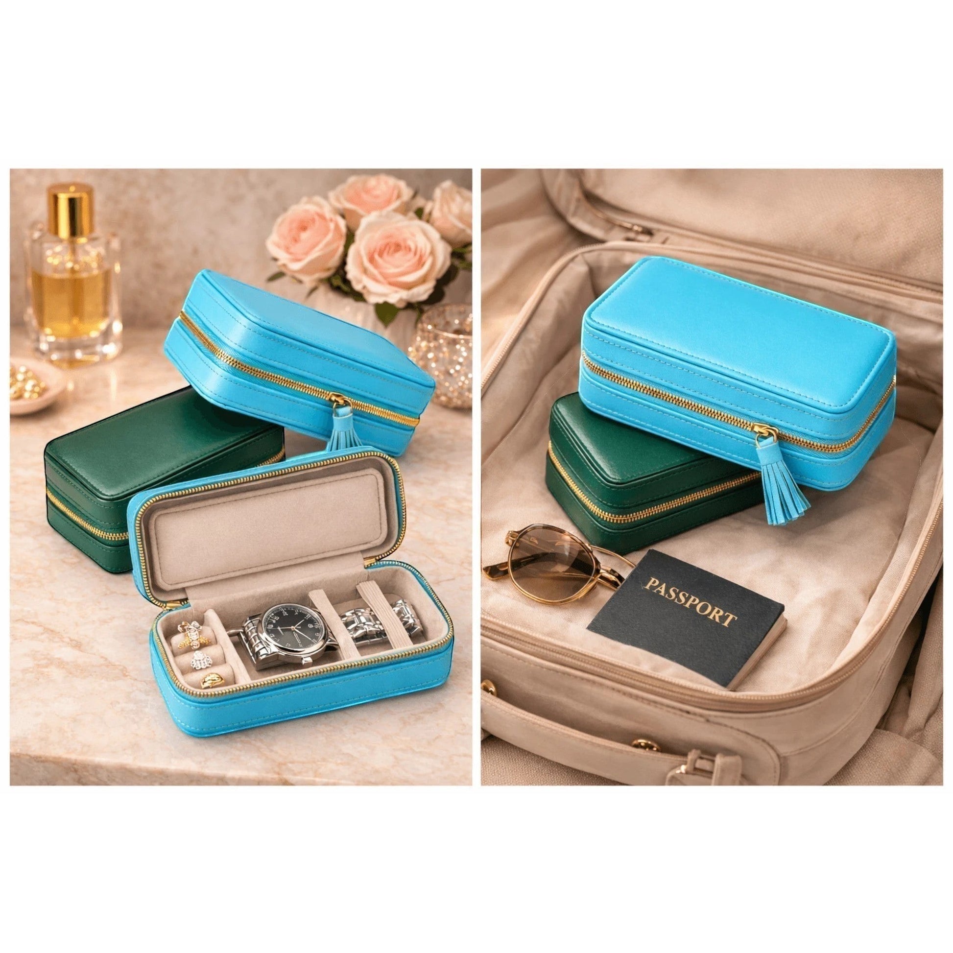 boîte à bijoux de voyage compacte en cuir avec rangement pour bagues, montres et petits bijoux