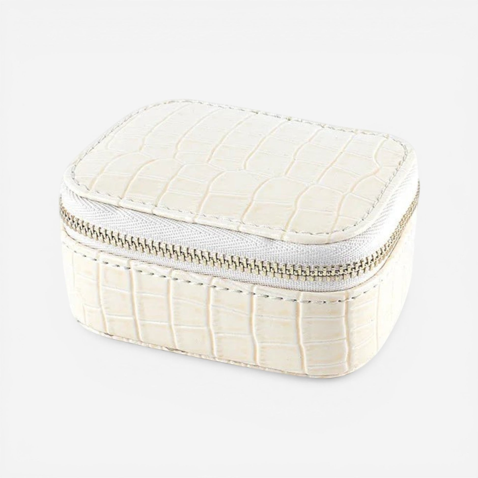 boite à bijoux de voyage ivoire en cuir effet crocodile compacte avec fermeture éclair et rangement pour bijoux