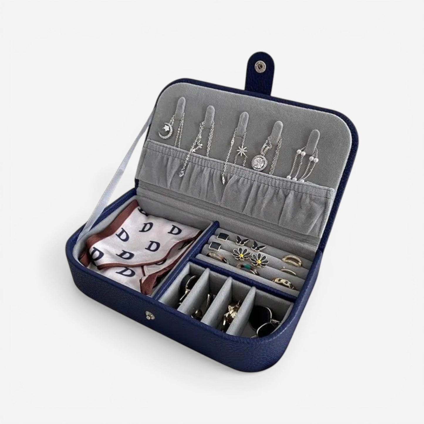 Boîte à bijoux portable en cuir PU gris à motif, avec fermeture à bouton et compartiments pour organiser les bijoux.