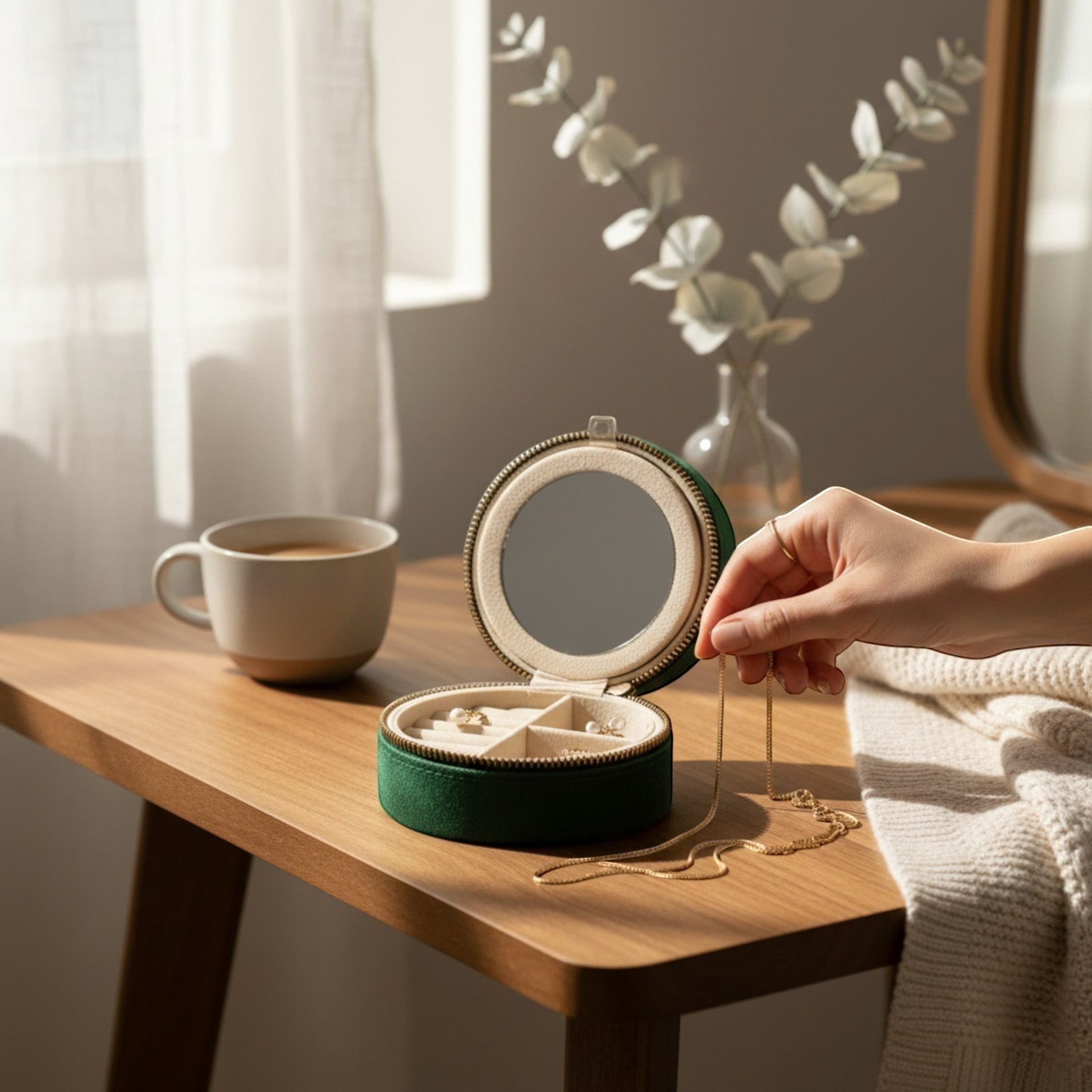 boîte à bijoux de voyage compacte en velours avec compartiments pour bagues et bijoux