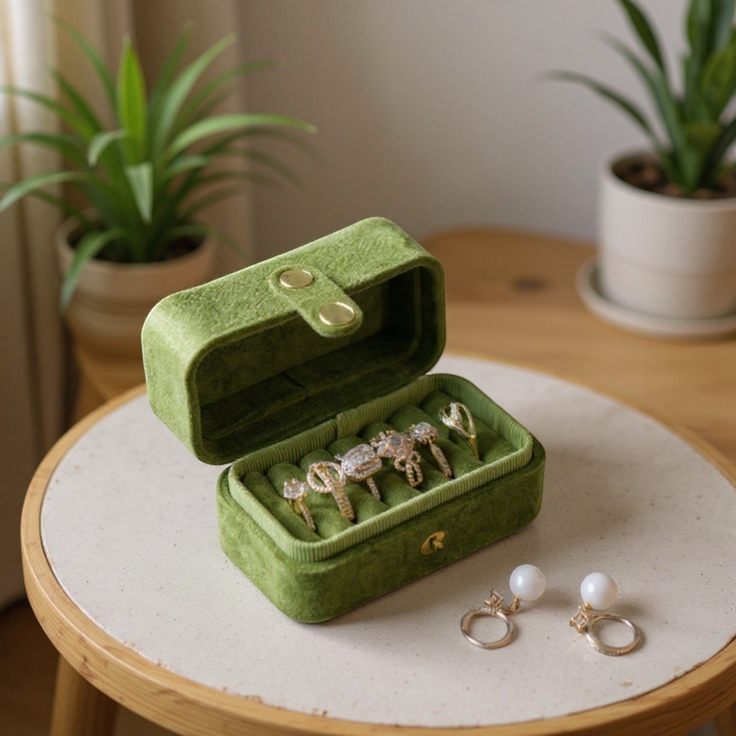 Boîte à bijoux de voyage en velours vert, compacte, avec emplacements pour bagues et fermeture à pression.