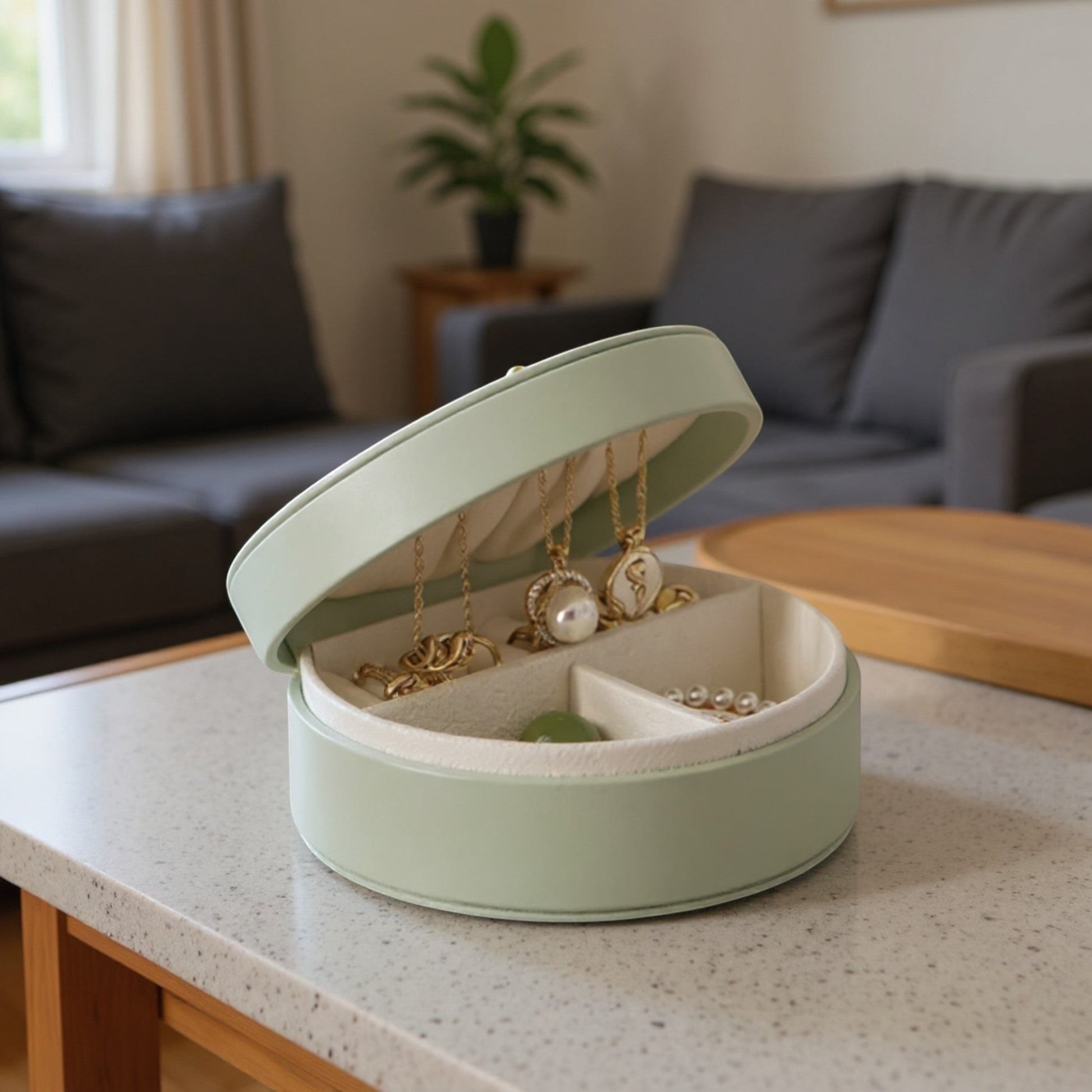 Boîte à bijoux de voyage en vert sauge, compacte et élégante, idéale pour organiser les bijoux.