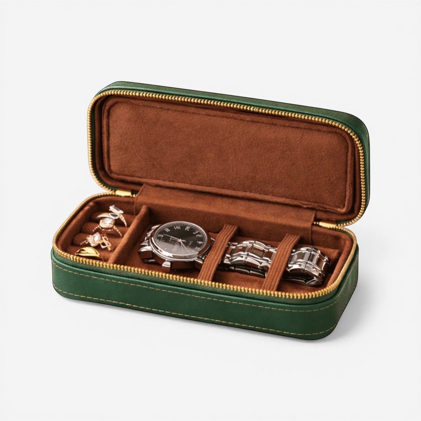 organisateur de bijoux de voyage vert compact avec rangement pour montre et accessoires