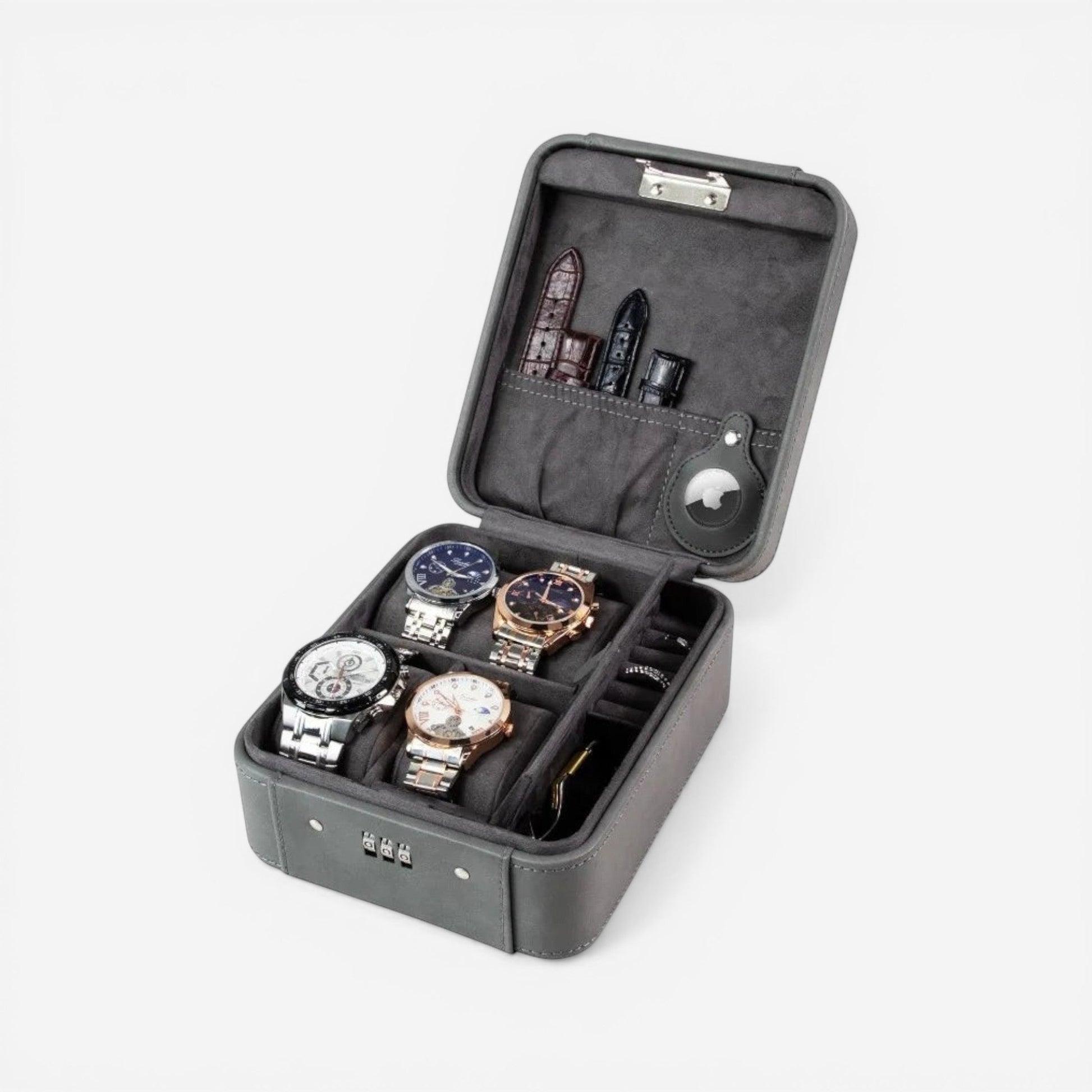 boîte à montres en cuir au design moderne avec intérieur compartimenté