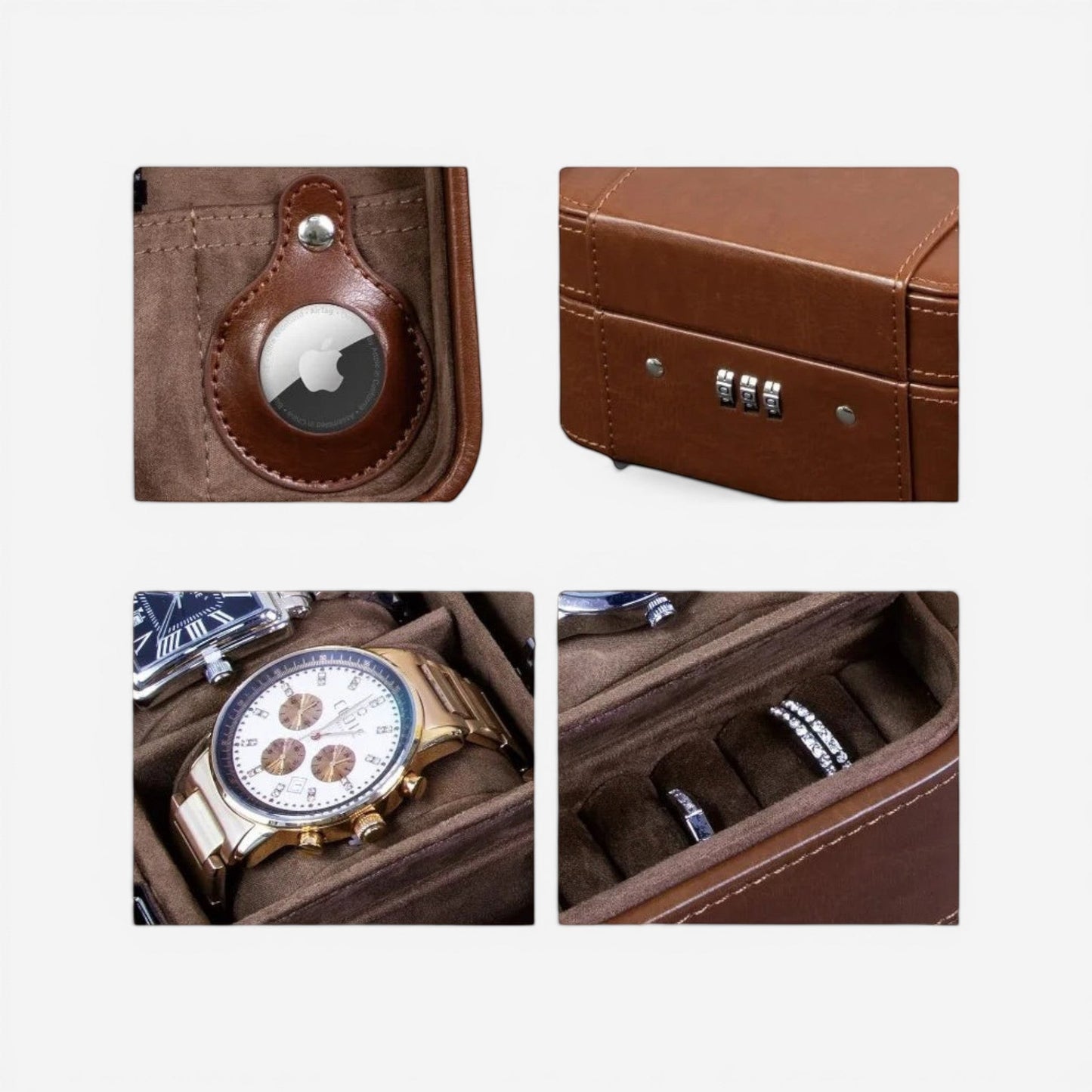 boîte à montres en cuir avec plusieurs compartiments et détails de rangement intérieur