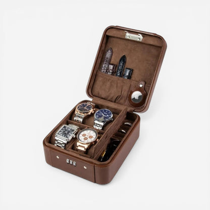 boîte à montres en cuir ouverte avec compartiments pour organiser plusieurs montres