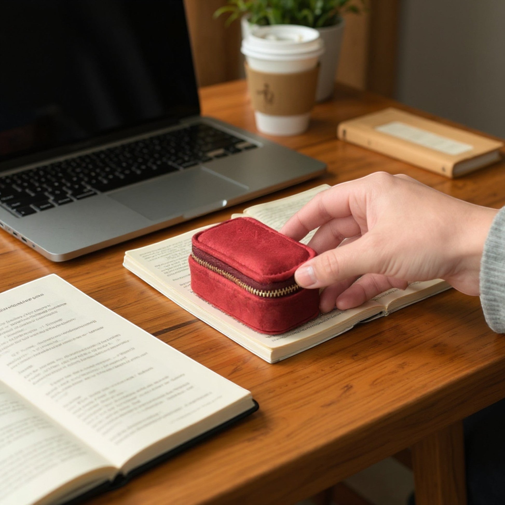 Mini boîte à bijoux en velours rouge avec fermeture éclair dorée, style vintage pour le rangement des bijoux.