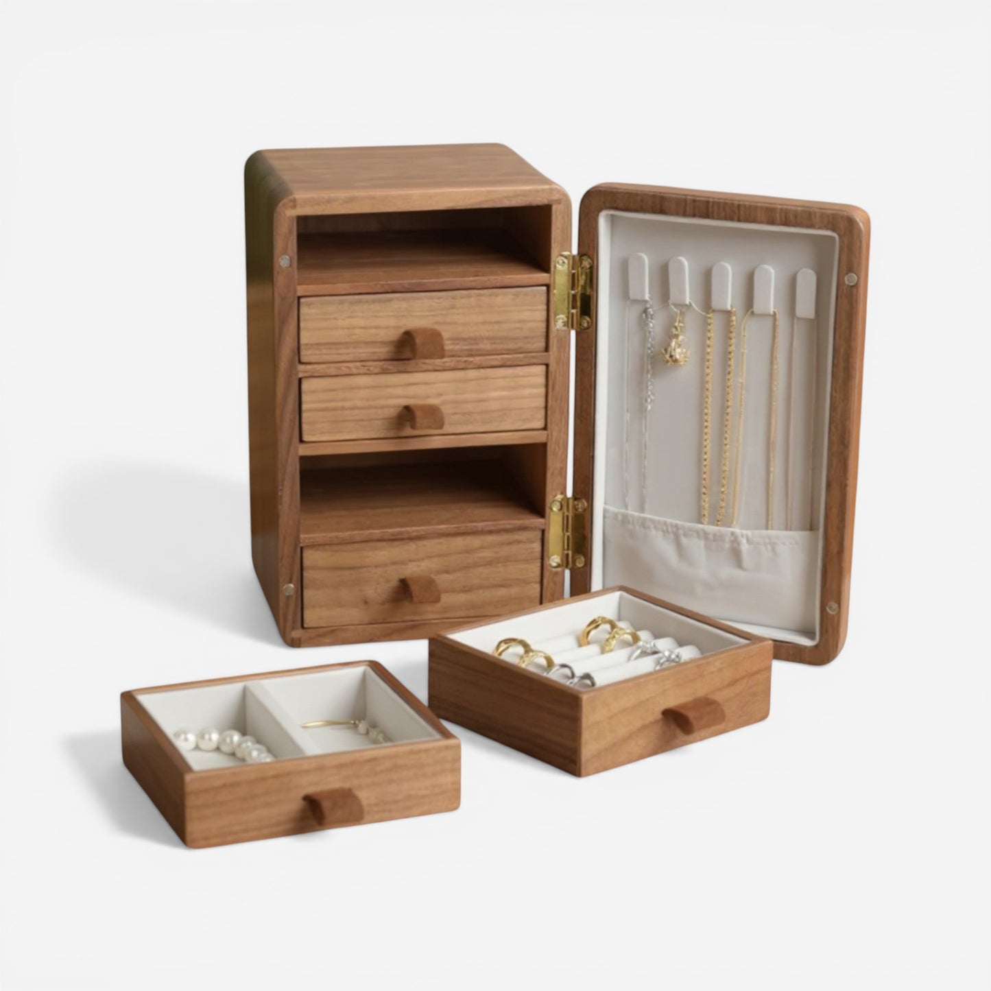 Organisateur de bijoux en bois avec tiroirs multiples et espace pour suspendre colliers et ranger accessoires.
