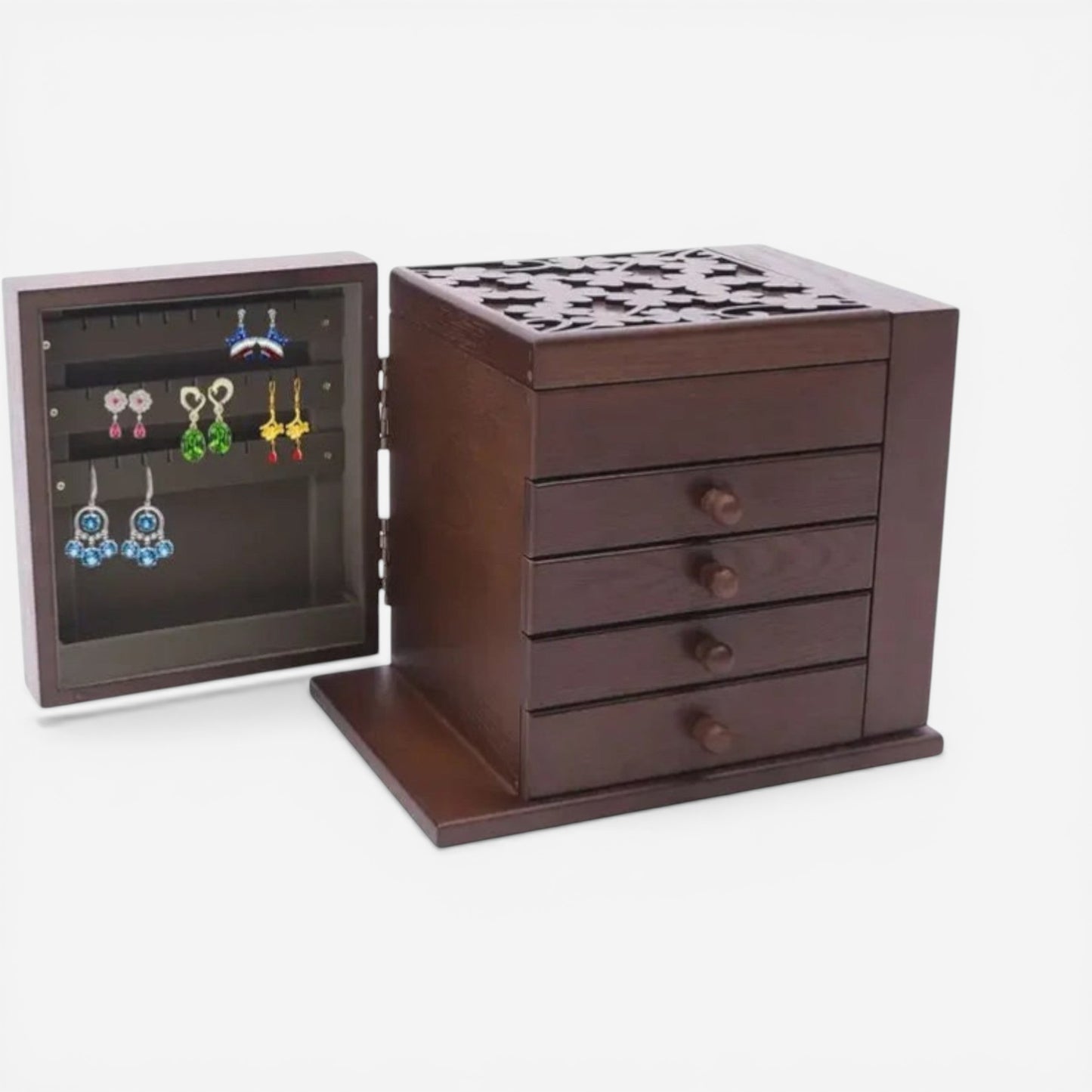 Organisateur de bijoux en bois avec portes latérales et compartiments pour suspendre boucles d’oreilles et colliers.