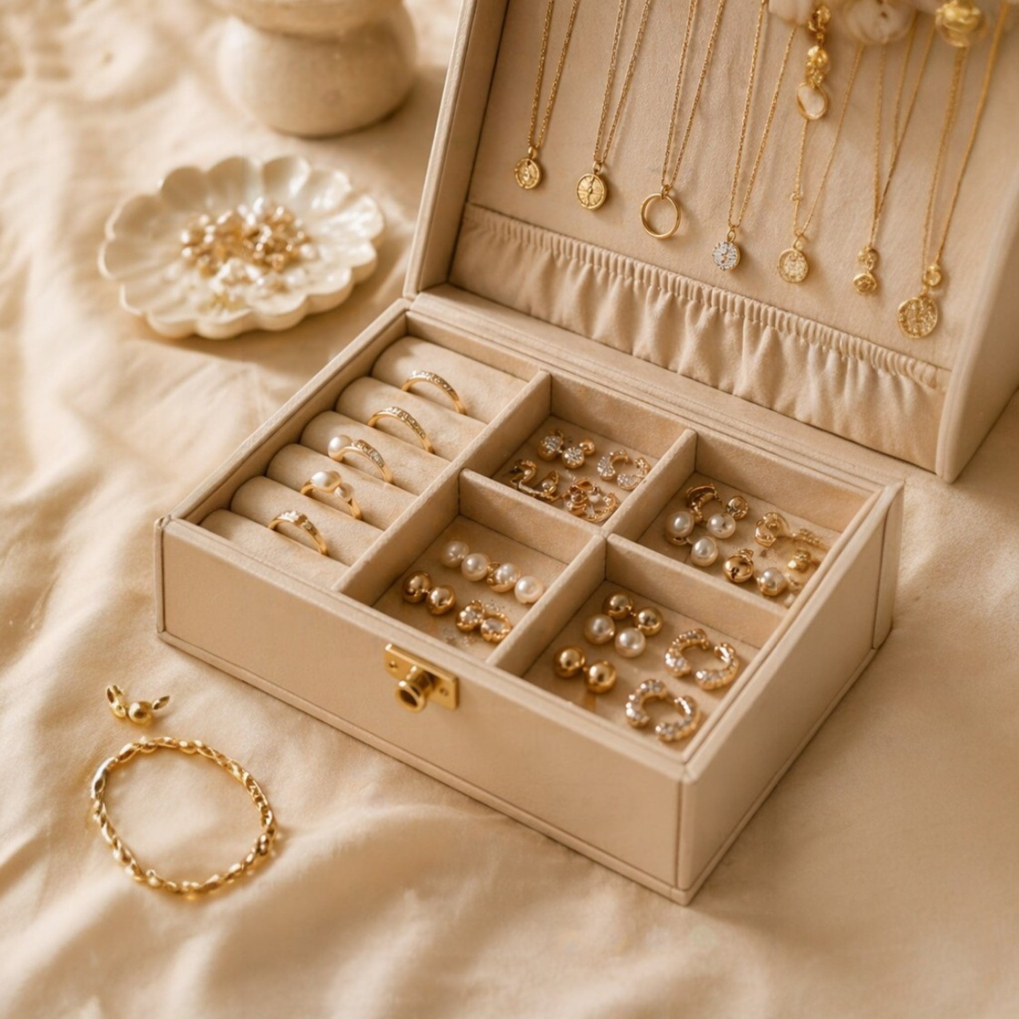 Organisateur de bijoux femme avec boîte compartimentée pour ranger bagues, colliers et bijoux sans les abîmer
