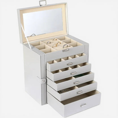 Organisateur de bijoux gris avec tiroirs multiples et miroir pour un rangement complet.