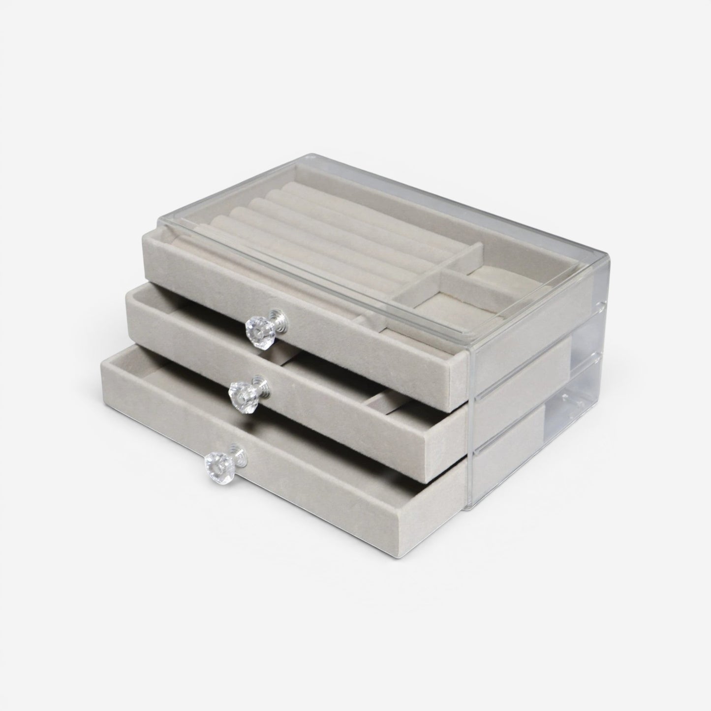 Organisateur de bijoux gris avec tiroirs transparents et design compact.