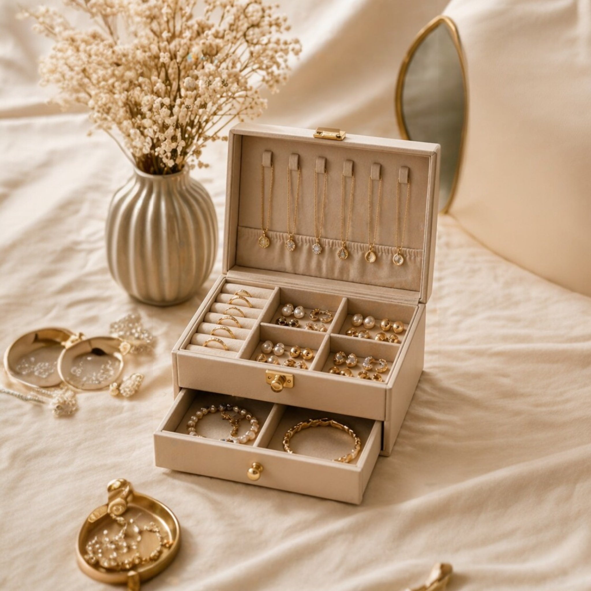 Organisateur bijoux femme luxe avec tiroir et compartiments pour un rangement élégant et pratique