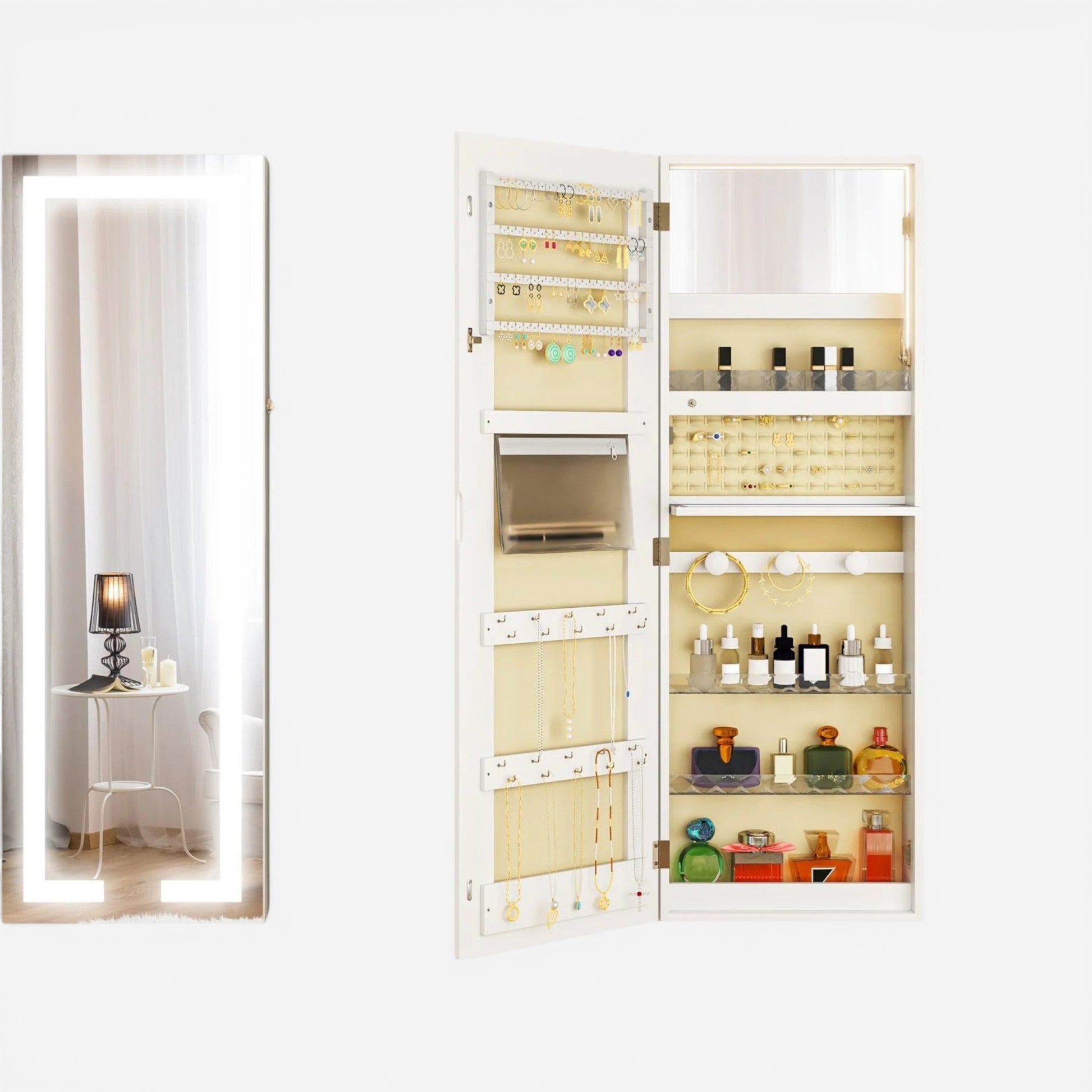 Organisateur de bijoux mural avec éclairage LED intérieur et compartiments multiples.