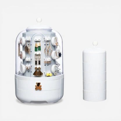 Organisateur de bijoux rotatif à 360 degrés blanc au design minimaliste, pratique pour accéder facilement à vos bijoux tout en gardant un espace ordonné.