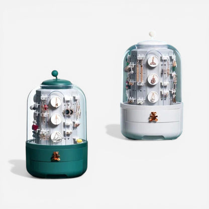 Organisateur de bijoux rotatif à 360 degrés, design compact avec compartiments multiples pour ranger colliers, bagues et boucles d’oreilles.