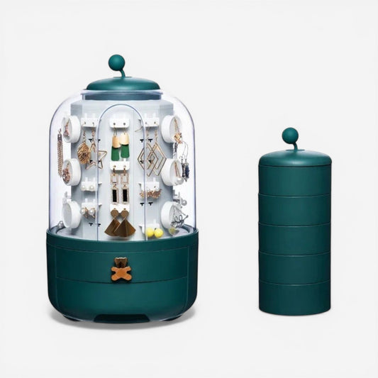 Organisateur de bijoux rotatif à 360 degrés avec plusieurs couches de rangement, parfait pour optimiser l’espace et organiser tous types de bijoux.