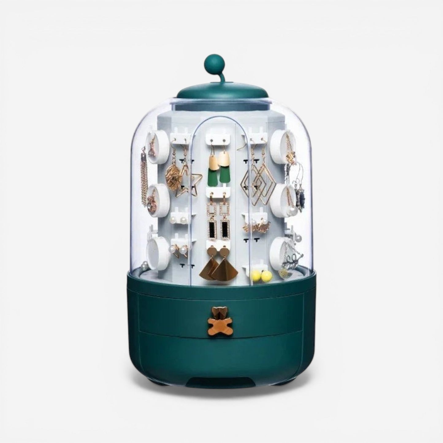 Organisateur de bijoux rotatif à 360 degrés couleur vert élégant, idéal pour un rangement pratique et esthétique des bijoux.