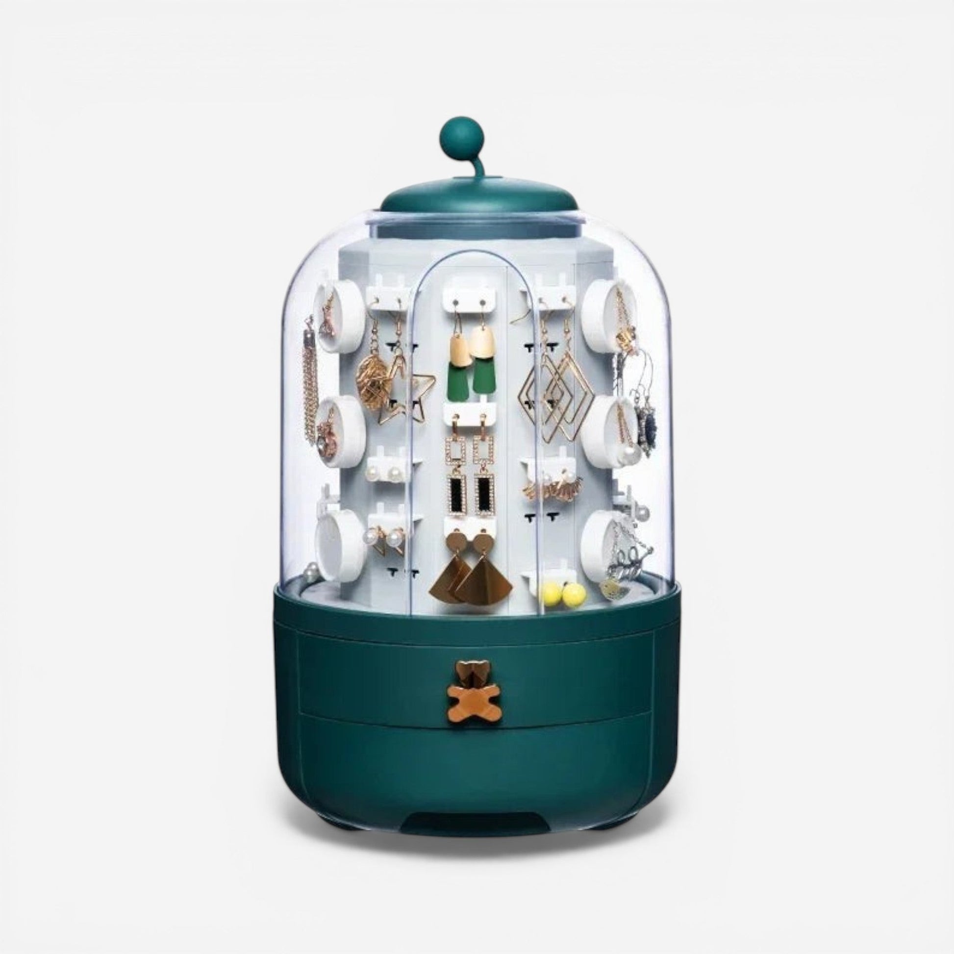 Organisateur de bijoux rotatif à 360 degrés couleur vert élégant, idéal pour un rangement pratique et esthétique des bijoux.