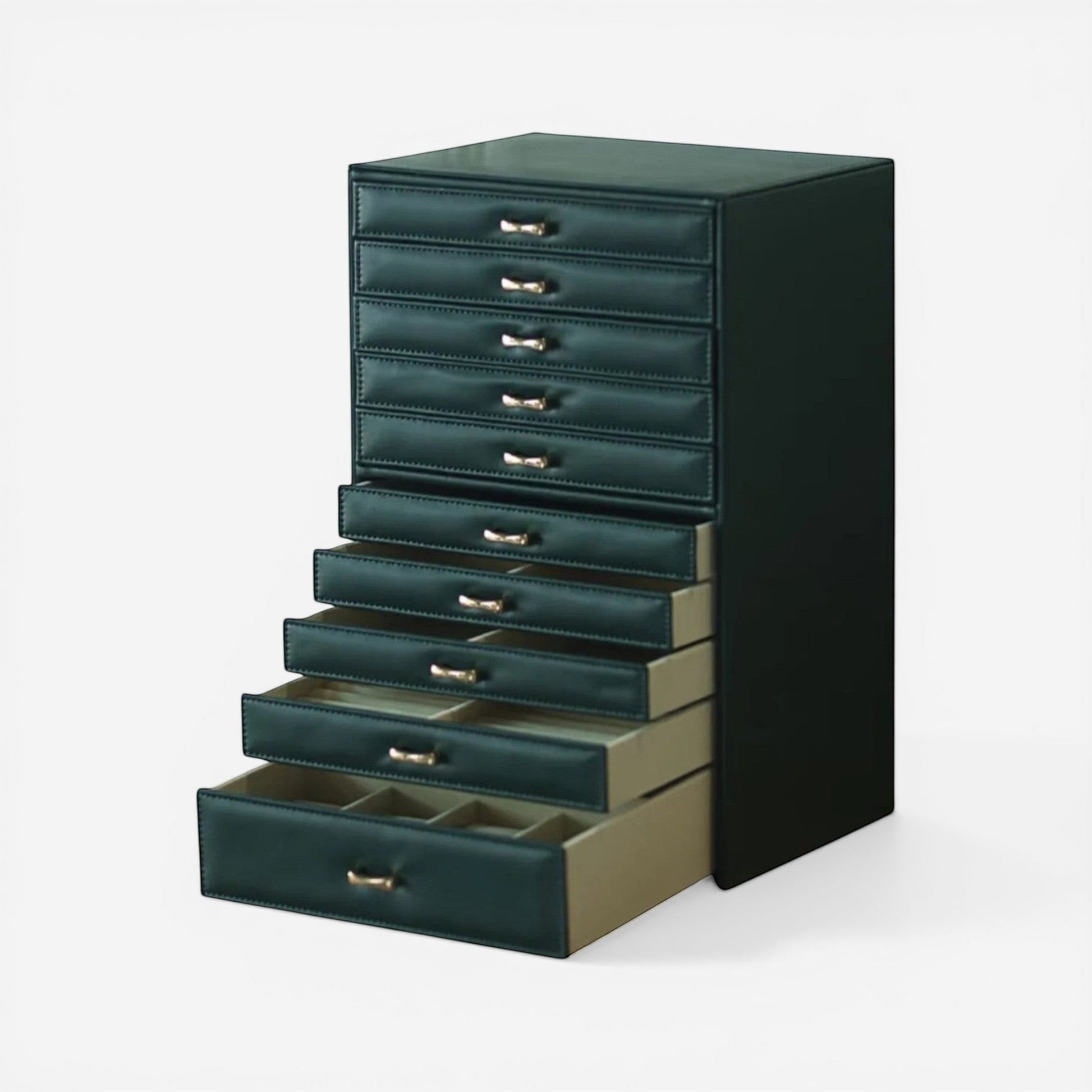 Organisateur de bijoux vert foncé avec tiroirs pour rangement pratique.