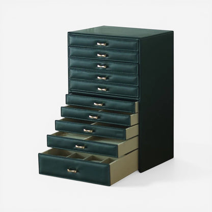 Organisateur de bijoux vert foncé avec tiroirs pour rangement pratique.