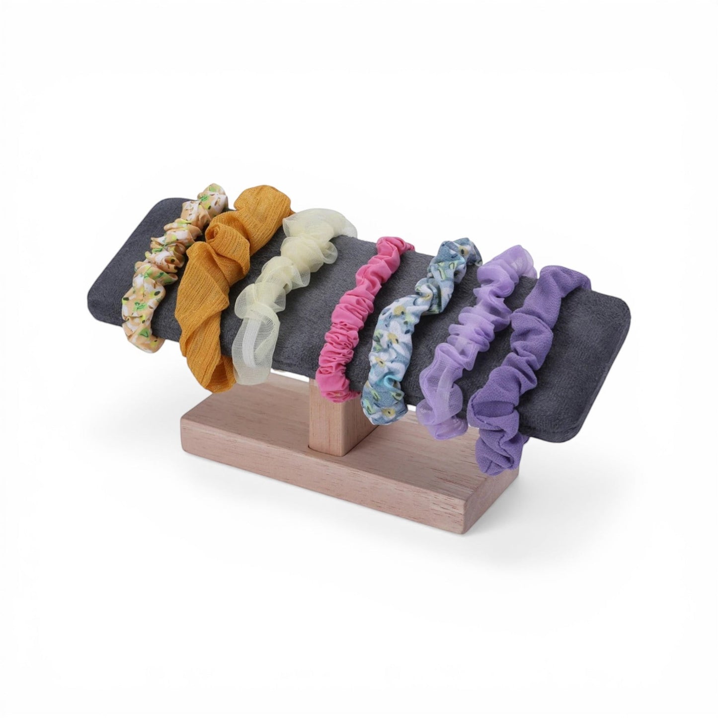 porte bijoux en velours multicolore avec support en bois pour exposer bracelets et accessoires