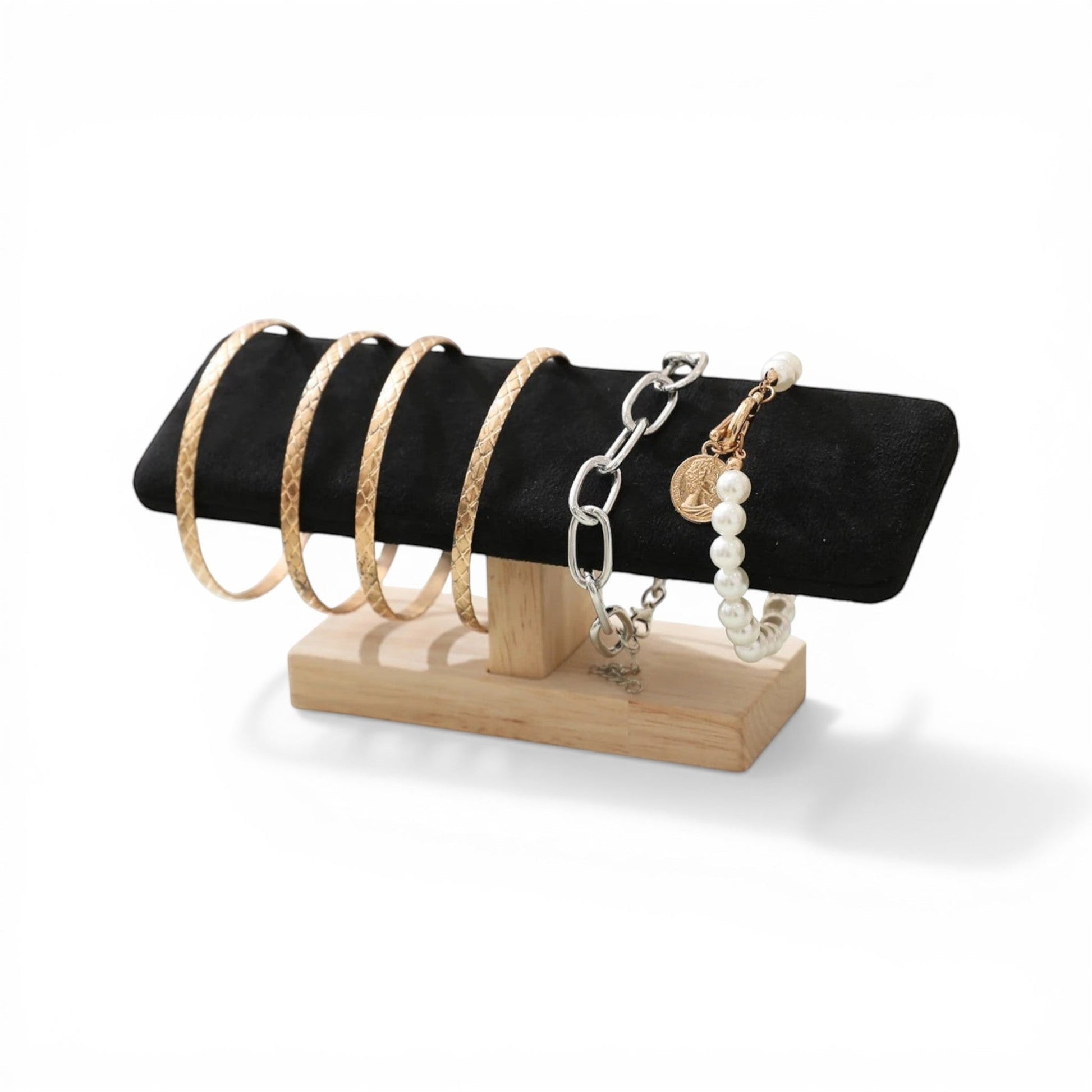 porte bijoux en velours noir avec support en bois pour ranger bracelets et montres