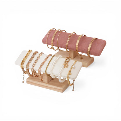 porte bijoux en velours rose avec support en bois pour organiser bracelets et montres