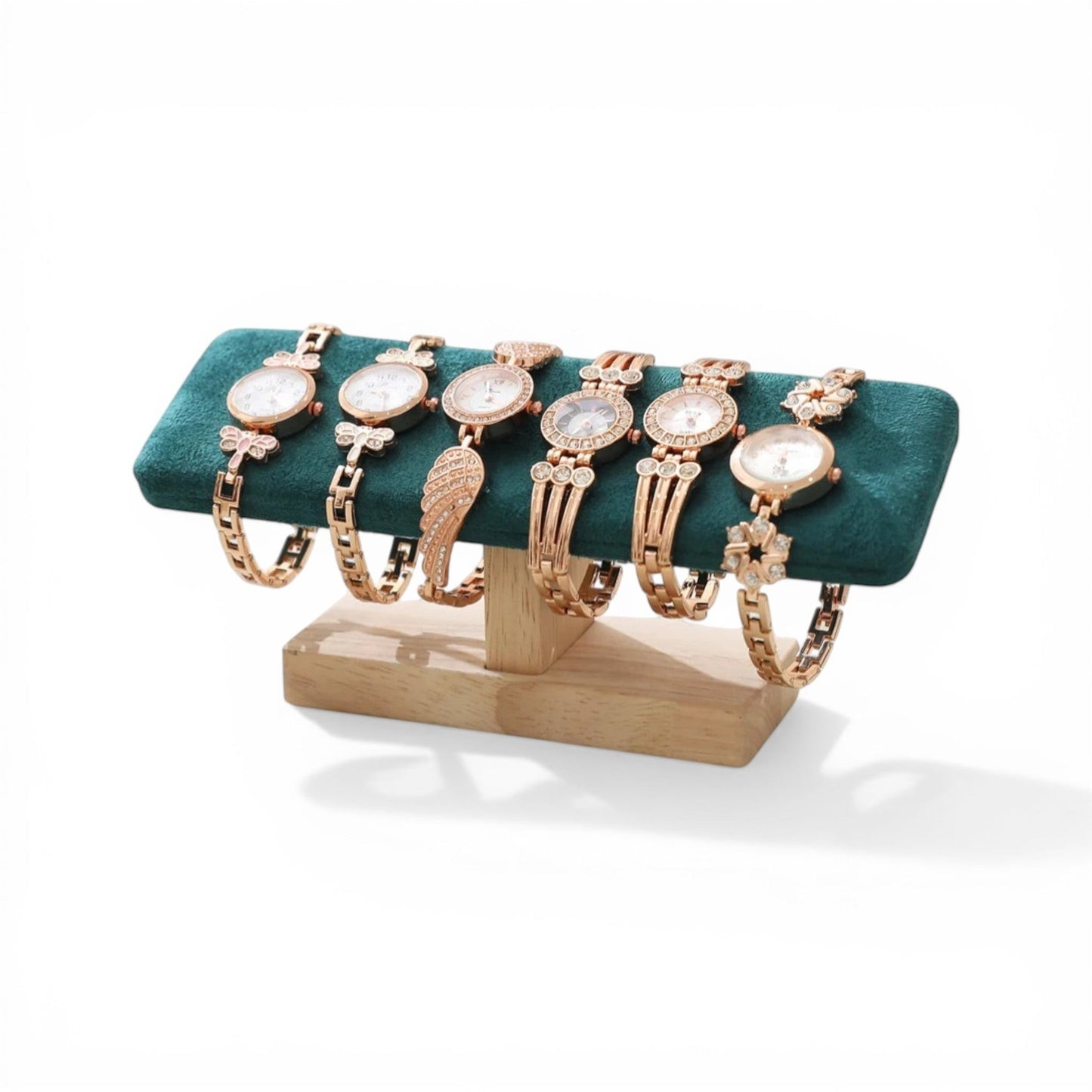 porte bijoux en velours vert avec support en bois pour organiser accessoires et bijoux