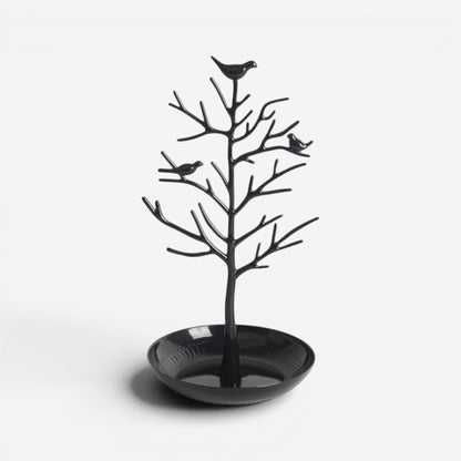 Présentoir à bijoux en alliage noir au design minimaliste, en forme d’arbre pour suspendre les bijoux.