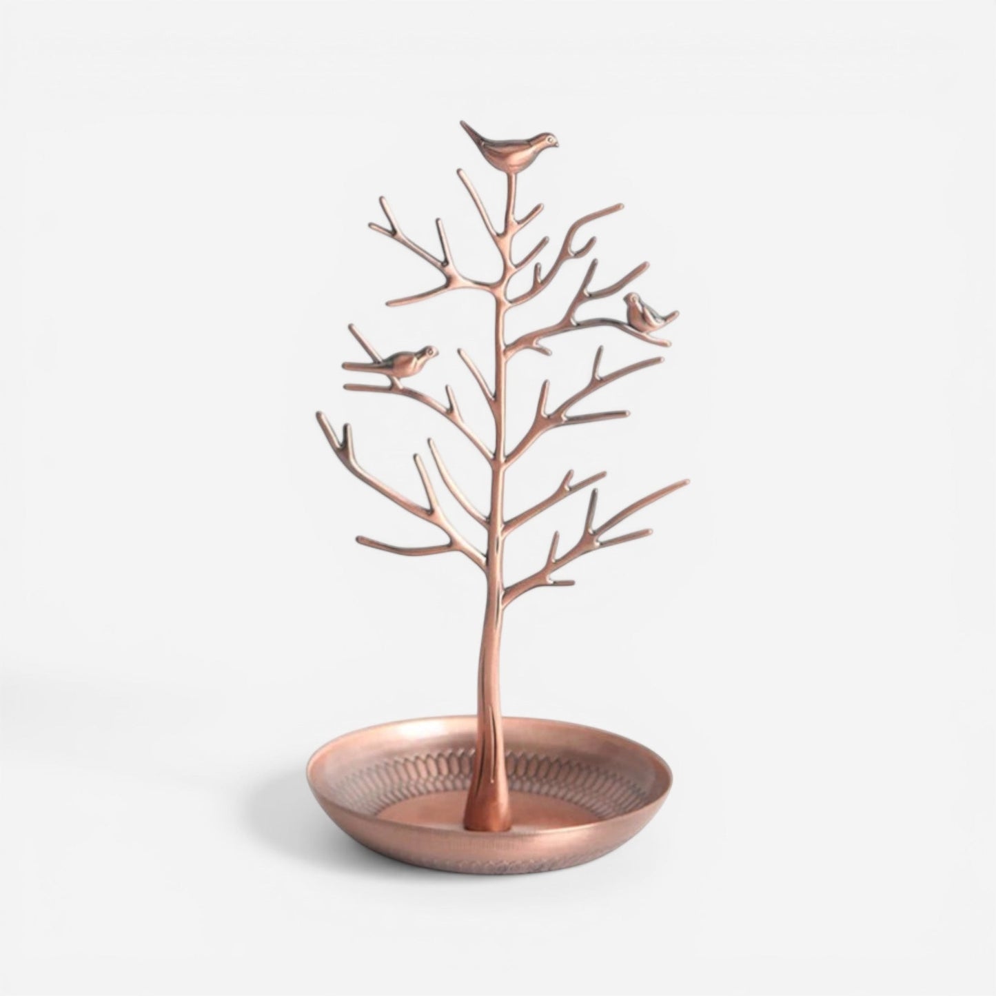 Présentoir à bijoux en alliage rose gold en forme d’arbre, chic et décoratif pour suspendre les accessoires.