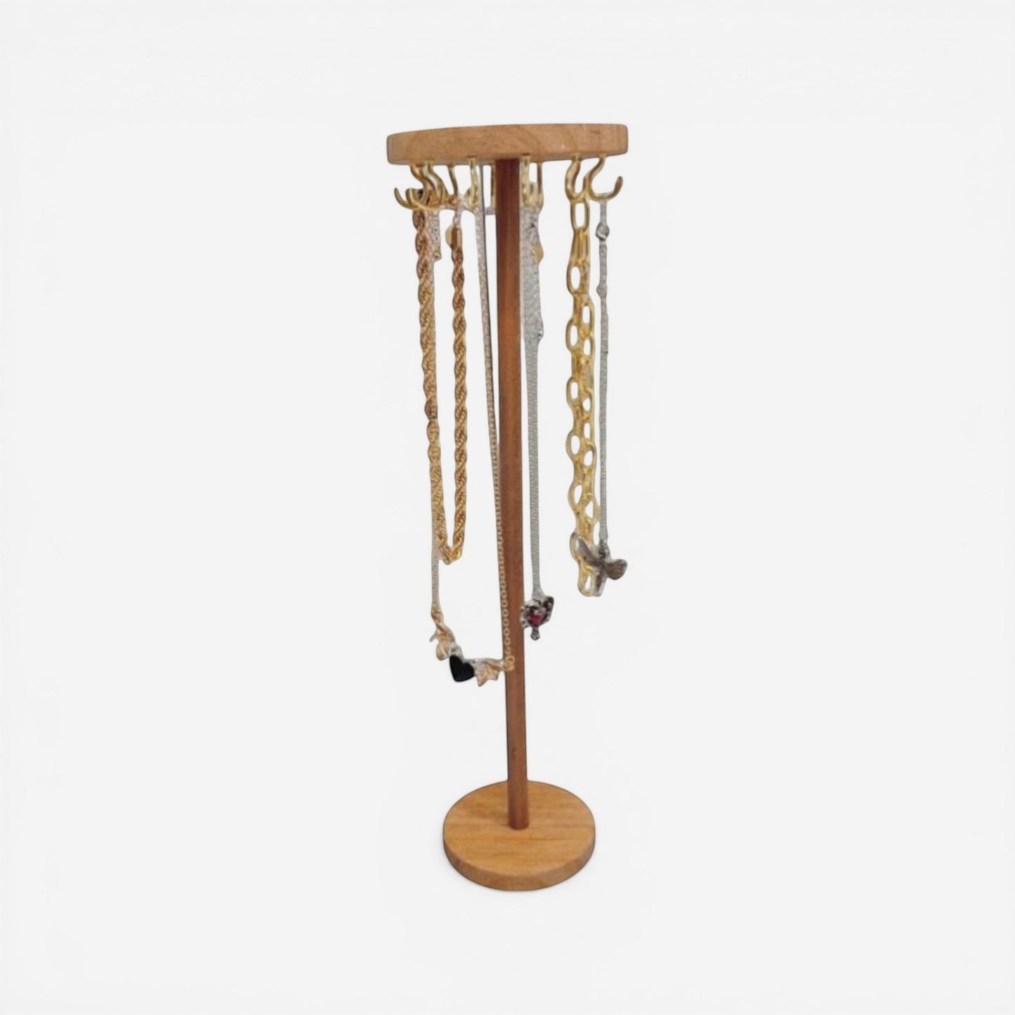 Présentoir à bijoux en bois avec 12 crochets, format haut pour suspendre colliers et accessoires.