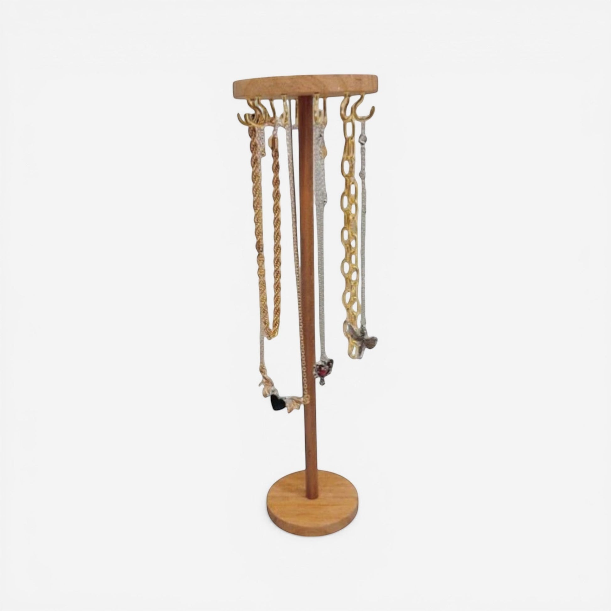 Présentoir à bijoux en bois avec 12 crochets, format haut pour suspendre colliers et accessoires.