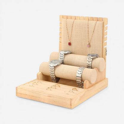 présentoir bijoux en bois clair avec compartiments pour bagues et colliers