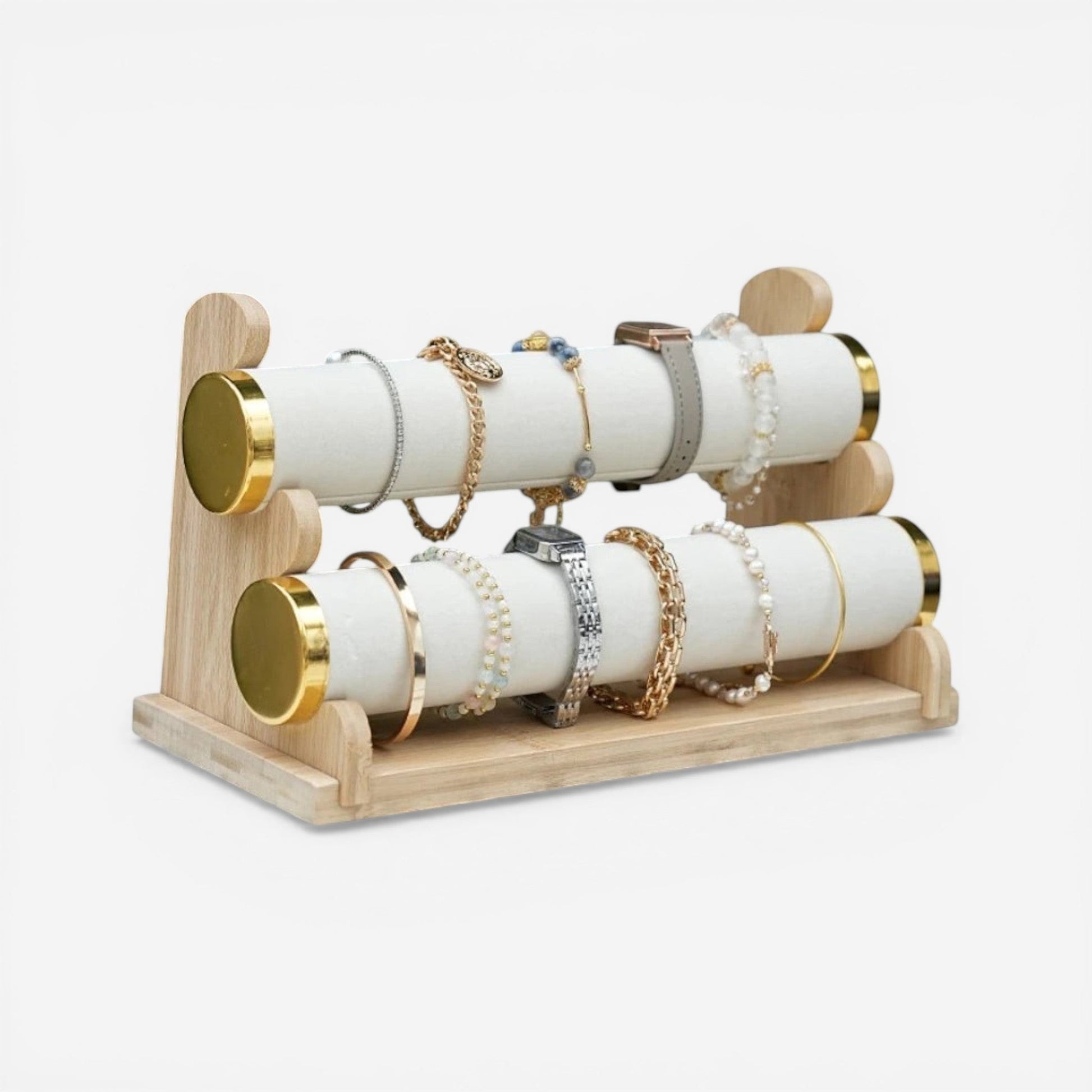 présentoir à bijoux en bois clair avec rangements pour bracelets et montres