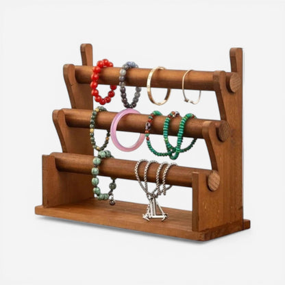 présentoir de bijoux en bois classique avec bijoux exposés pour rangement et présentation