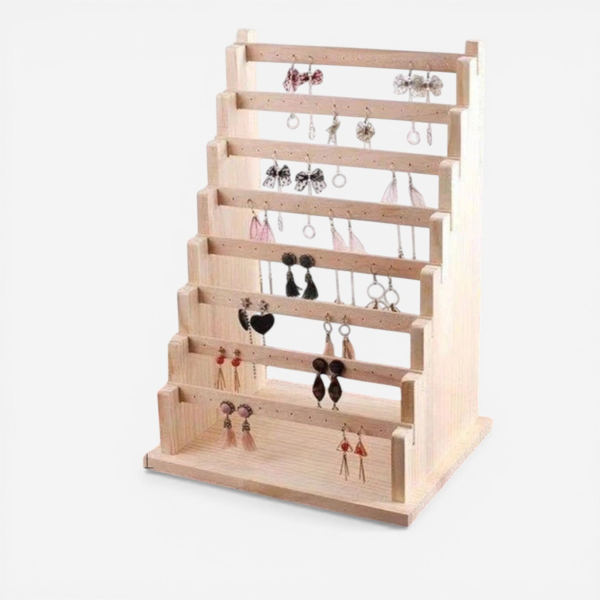 présentoir à bijoux en bois massif vertical avec plusieurs niveaux de rangement