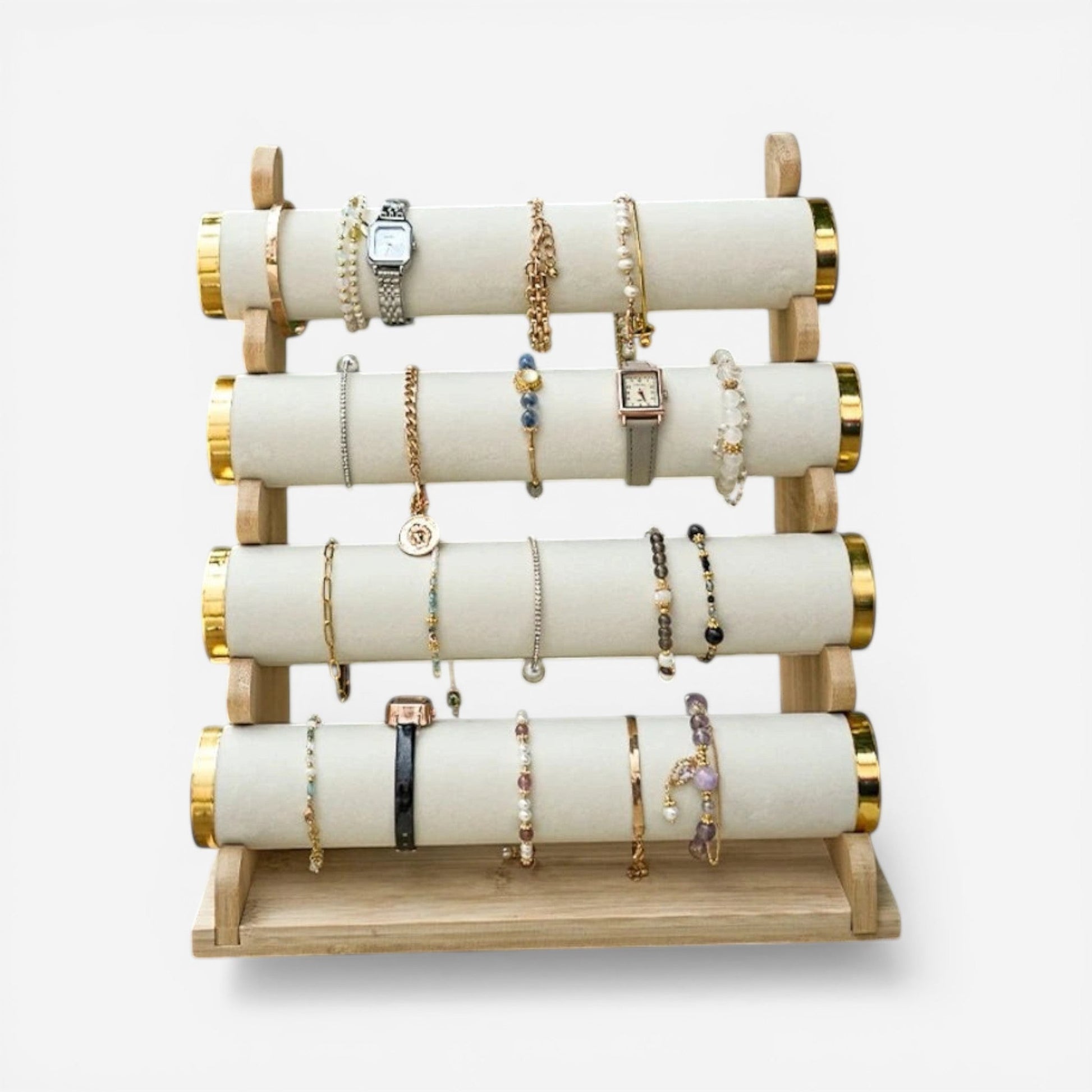 présentoir bijoux en bois avec plusieurs rangées pour organiser bracelets et accessoires