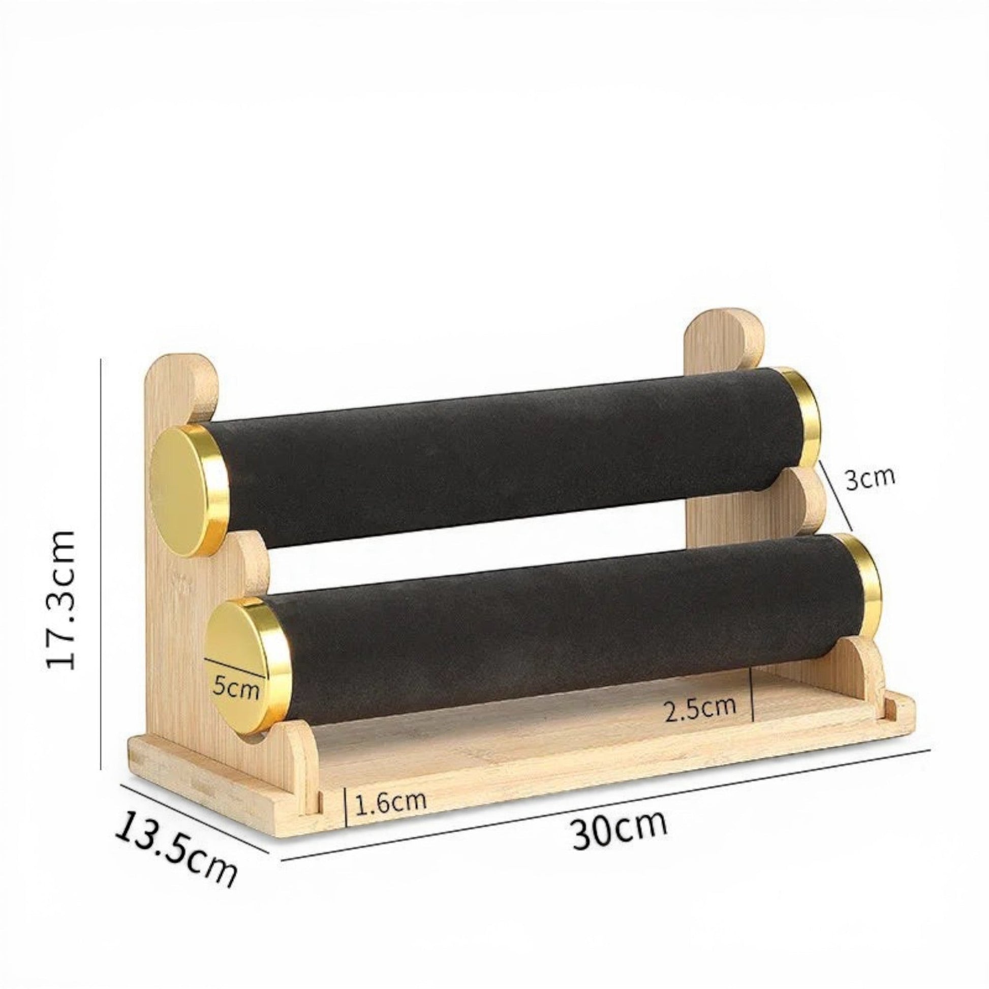 présentoir à bijoux en bois avec supports noirs pour bracelets et montres